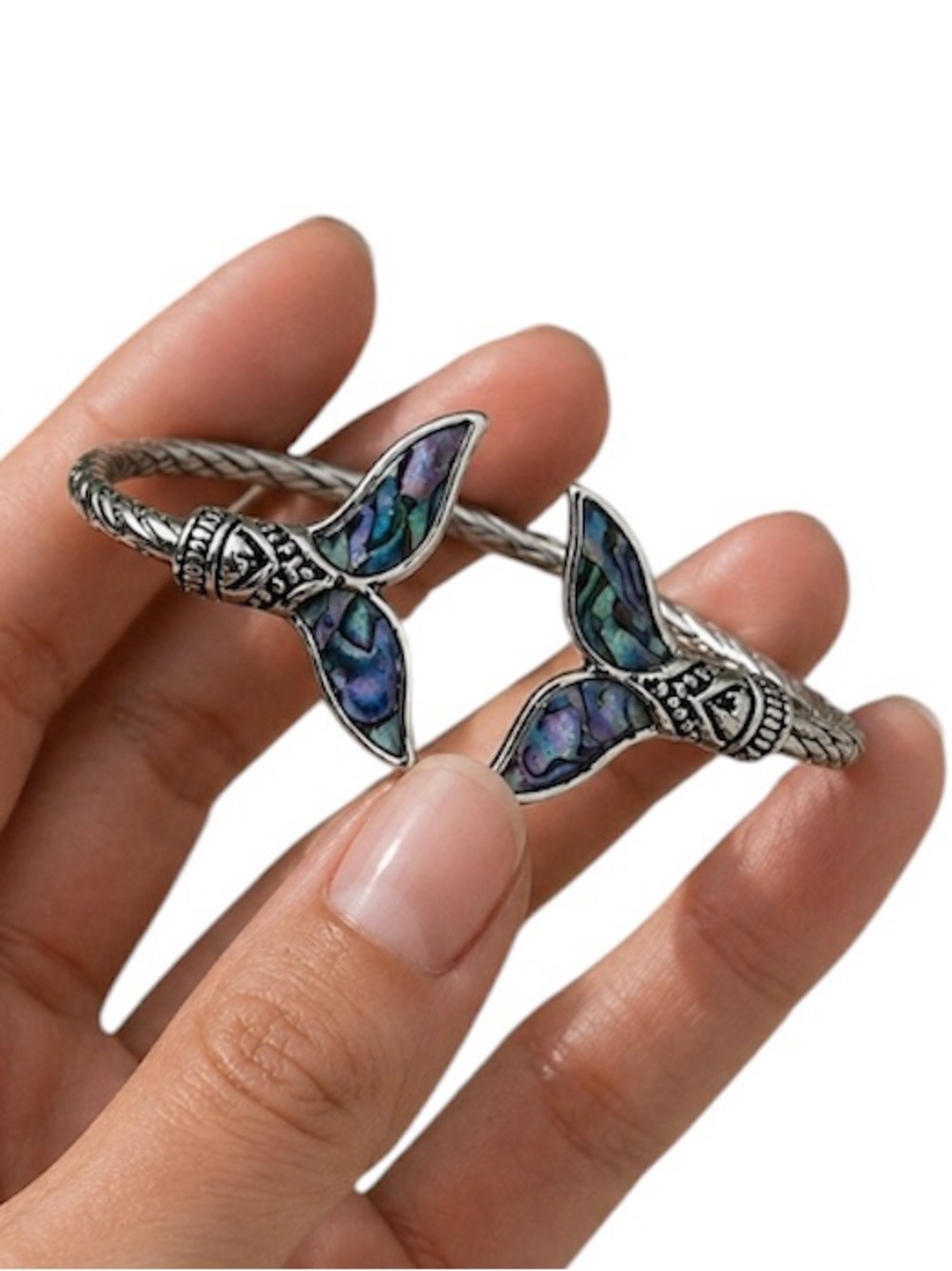 NWT Mermaid Tail Abalone Shell Cuff Bracelet Silver Tone Adjustable Boho Beach - Picture 4 of 5
